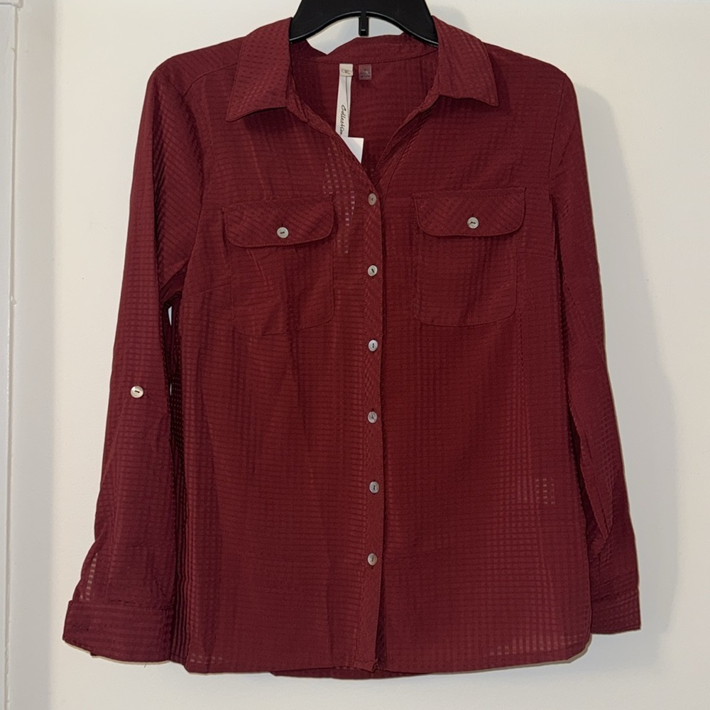 Ny Collection Petite 3/4 Sleeve Windowpane Blouse Wine NWT Size Small - Picture 5 of 14